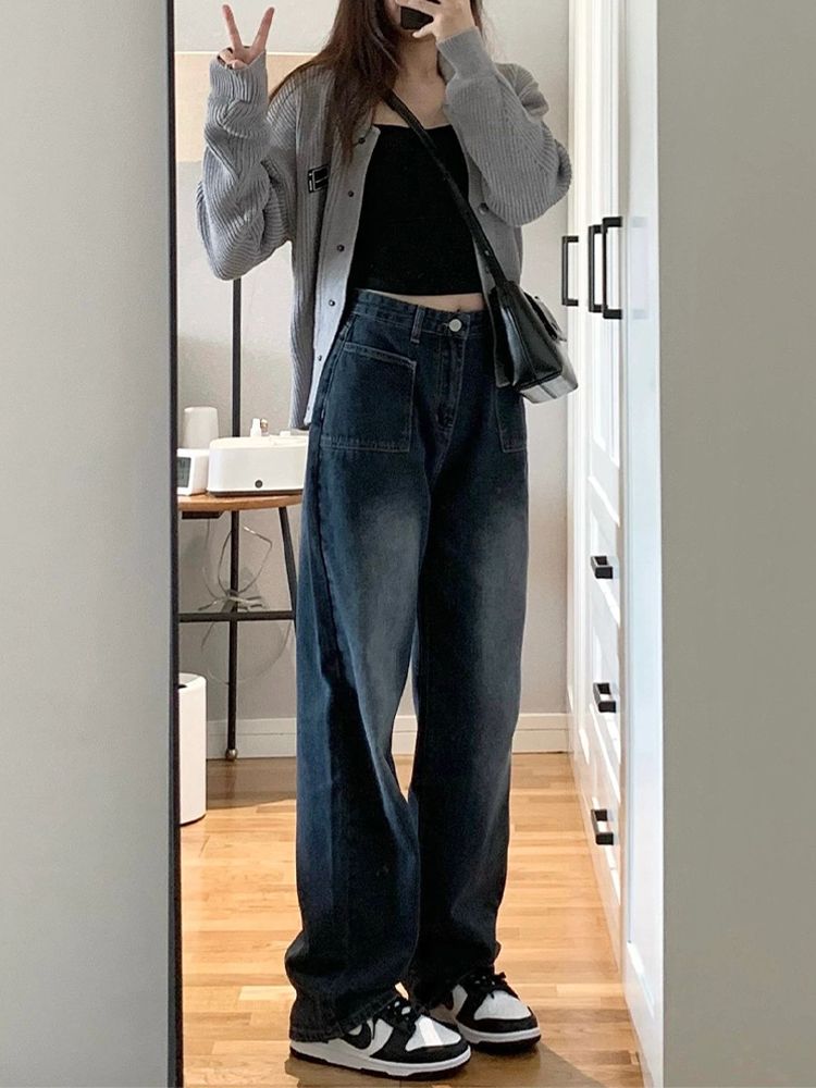 復古闊腿牛仔褲女秋季新款高腰寬鬆遮肉顯瘦慵懶百搭直筒拖地褲子