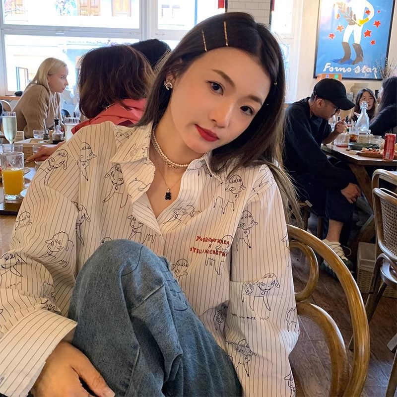 襯衫上衣女白色條紋2023春秋季新款設計感小綿羊小眾寬鬆長袖襯衣