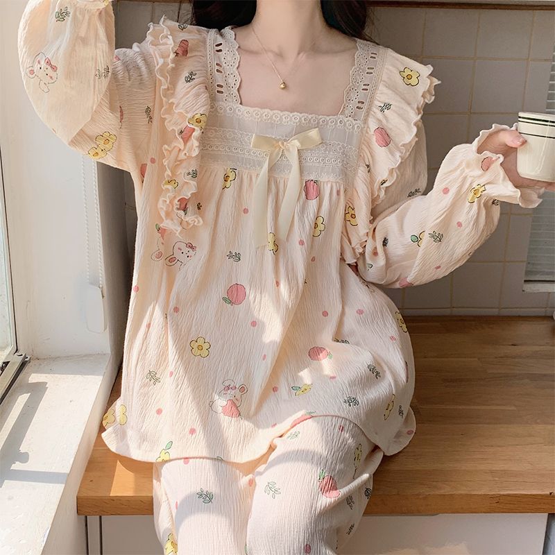 睡衣女春秋梭織純棉長袖甜美可愛公主風2023新款可外穿家居服套裝