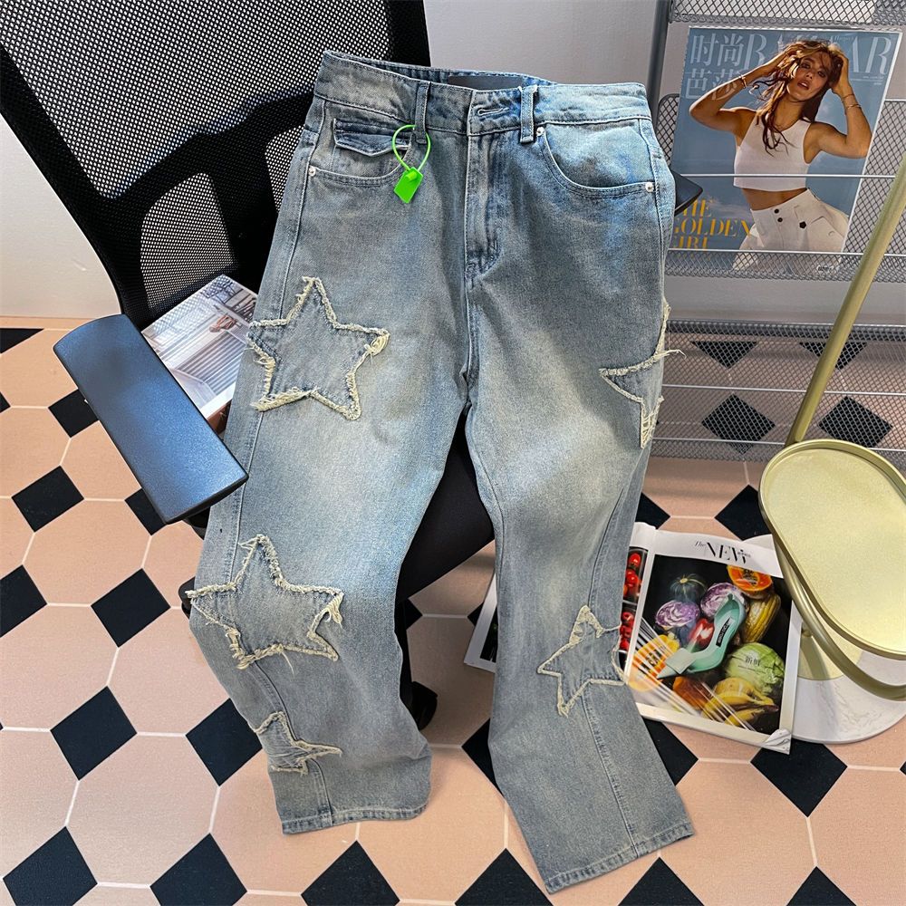 秋季美式新款高街星星直筒牛仔褲女小個子高腰顯瘦百搭寬鬆闊腿褲