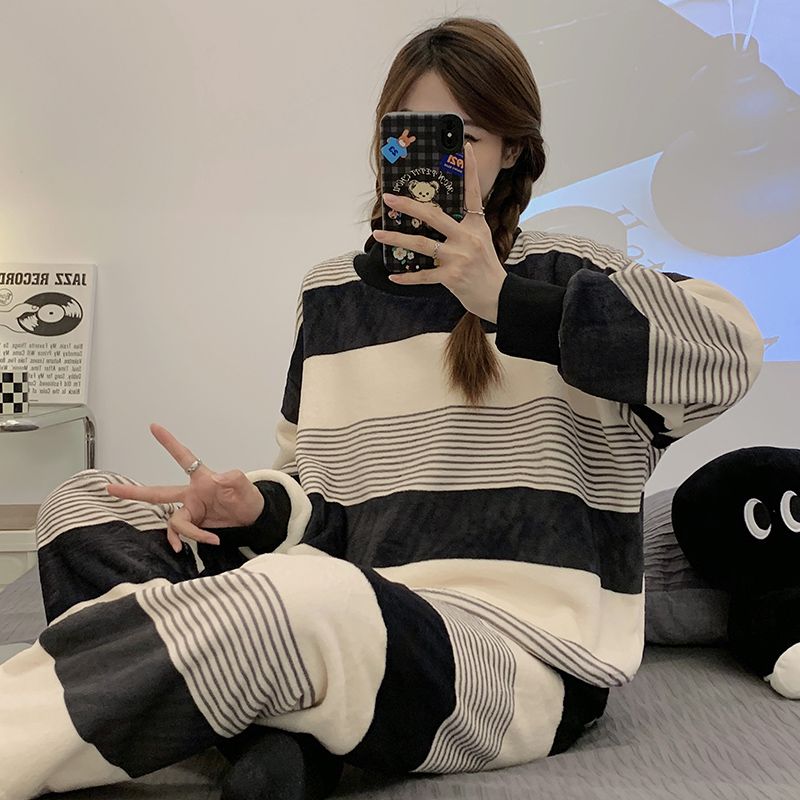 春秋冬季簡約薄絨可外穿新款珊瑚絨睡衣女法蘭絨家居服套裝2023年