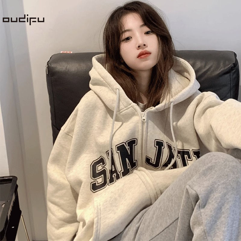 OUDIFU國潮牌ins純棉衛衣女春秋2023新款寬鬆oversize慵懶風外套