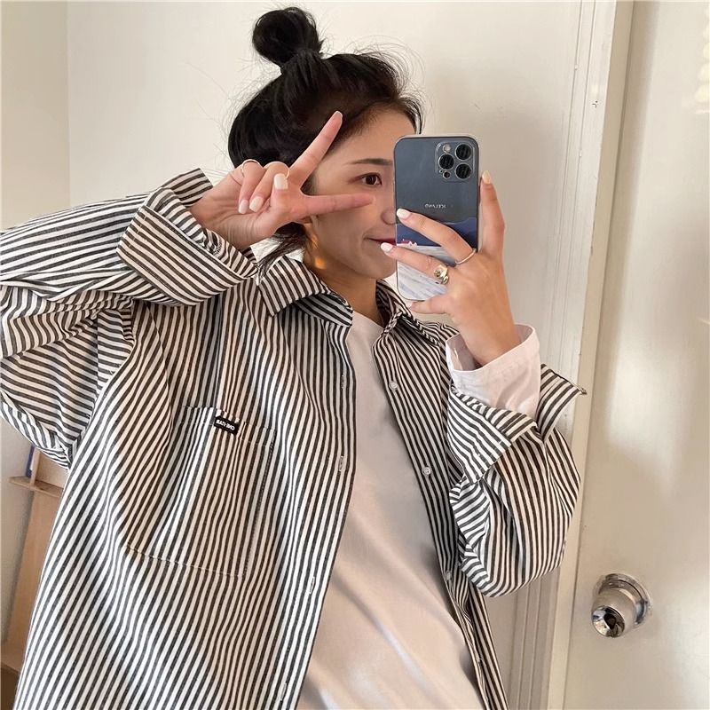 oversize情侶日系條紋襯衫女春秋慵懶風長袖外套港味復古chic上衣