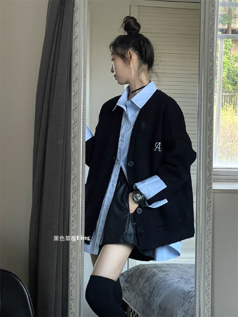 氣質藍色襯衫韓系高級感寬鬆長袖襯衣慵懶風針織毛衣開衫兩件套女