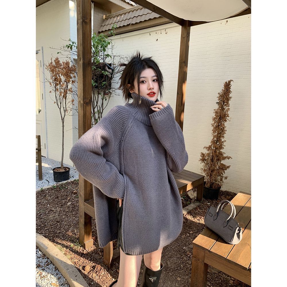小眾高領拉鏈加厚毛衣女秋冬季慵懶風寬鬆中長款針織衫設計感上衣