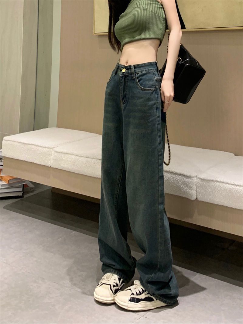復古口袋破洞設計感闊腿牛仔褲女港風高街寬鬆百搭顯瘦潮流直筒褲