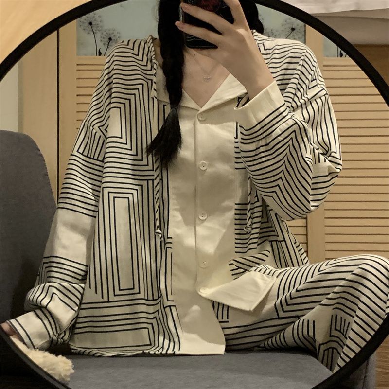 ins風韓系高顏值睡衣女春秋季新款網紅爆款簡約條紋可外穿居家服