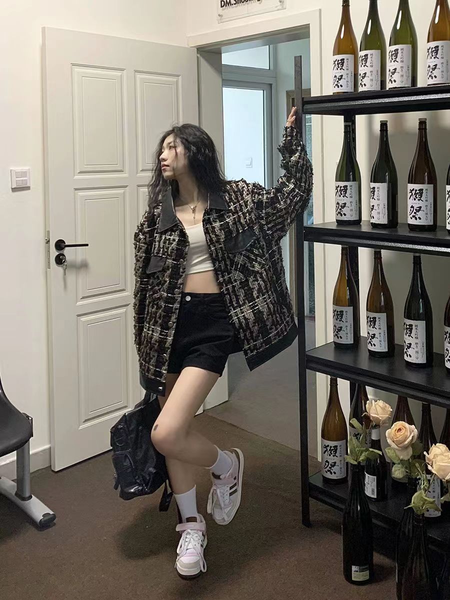 Xiaoxiangfeng jacket for women 2023 new autumn and winter retro high-end stitching PU leather collar loose and versatile cardigan top