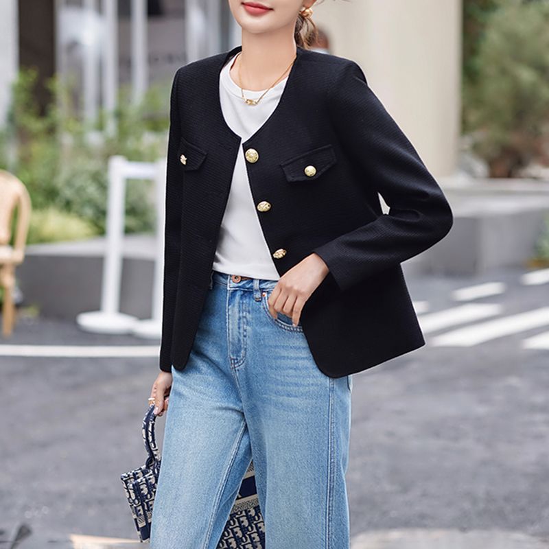 Black small fragrant style suit jacket for women 2023 new versatile high-end fashion casual slim suit top autumn