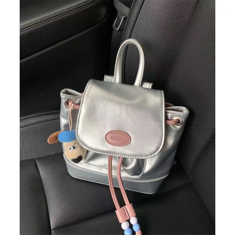 Retro bag for women 2023 new cute girl backpack student silver small backpack niche high-value school bag