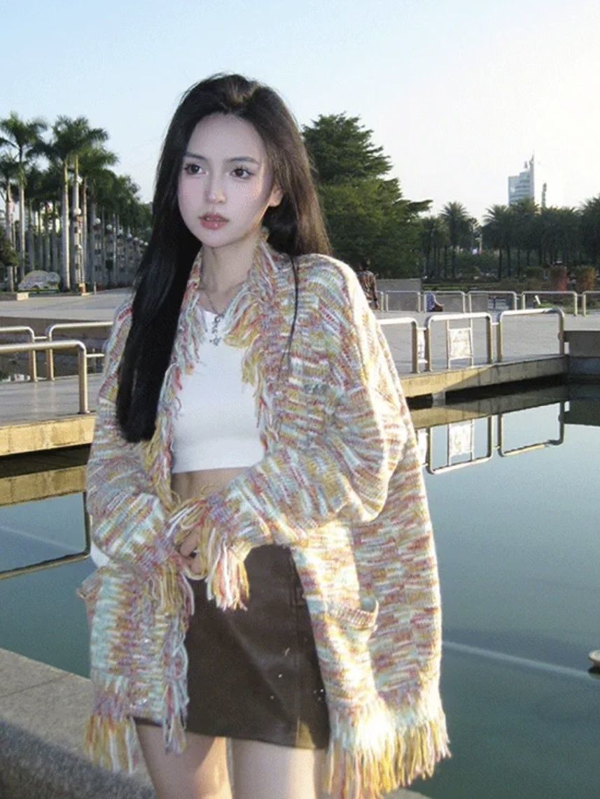 感彩虹上衣開衫新款冬季女氣質流蘇感百搭設計慵懶高級復古針織風
