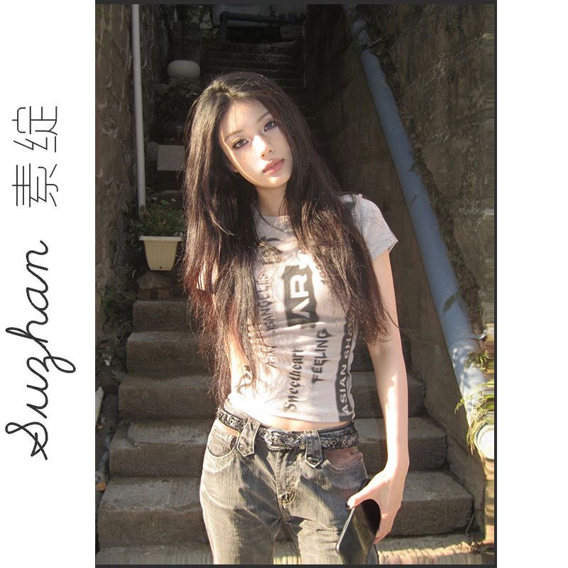 莫代爾圓領滿印花短款辣妹上衣女夏季百搭復古別致打底衫短袖t恤