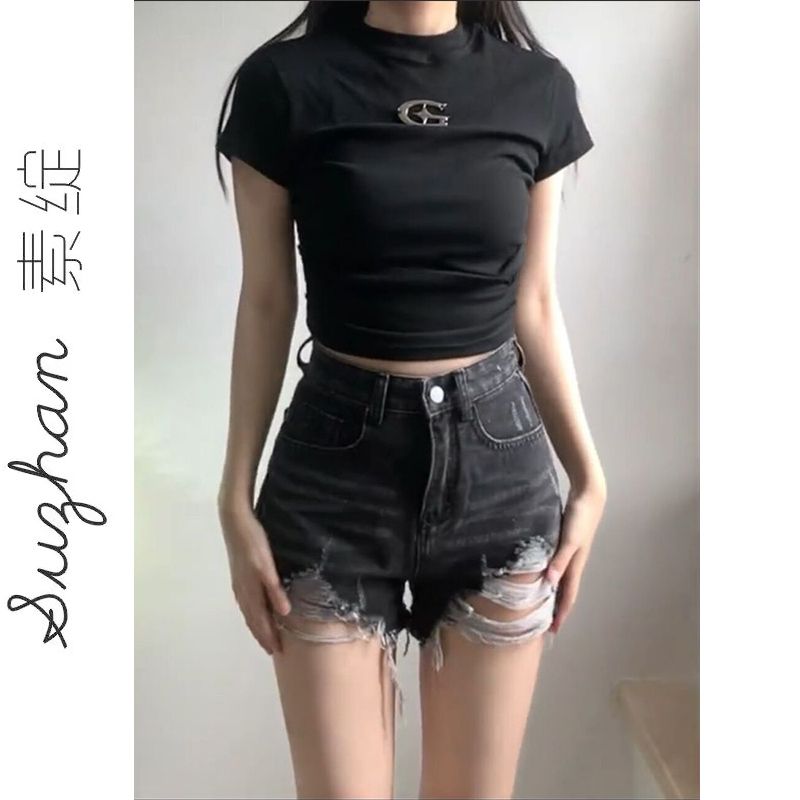 黑色圓領立體裝飾印花短款上衣女夏季褶皺顯瘦高腰露臍短袖t恤衫