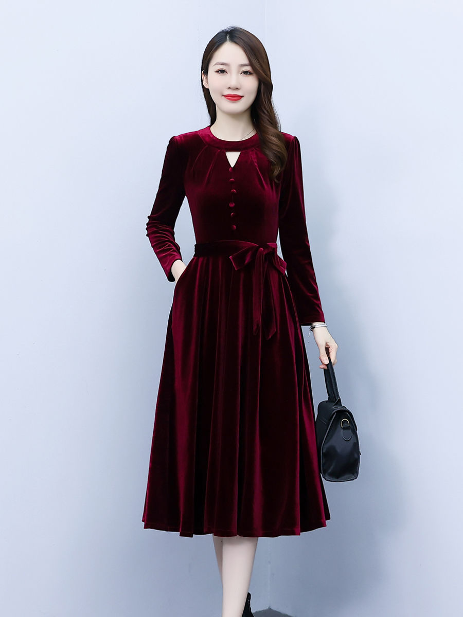 高檔金絲絨連衣裙女2023新款秋裝長袖收腰顯瘦氣質媽媽中長款裙子