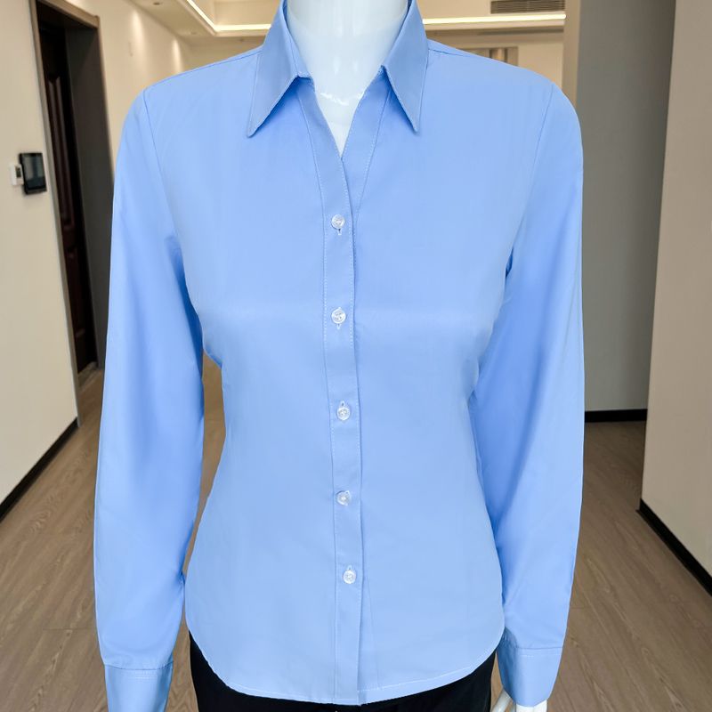 V领蓝色衬衫女长袖新款职业装商务正装银行工作服面试短袖白衬衣