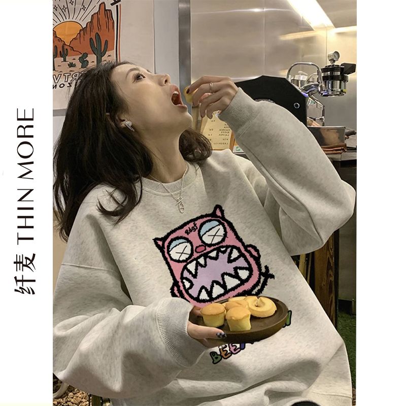 Fianmai 380G heavyweight pure cotton sweatshirt women's autumn and winter design round neck niche large size loose versatile long-sleeved top