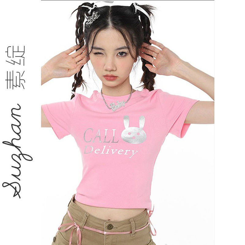 新款別致小眾設計感字母印花小個子上衣女夏季百搭休閒正肩短袖潮