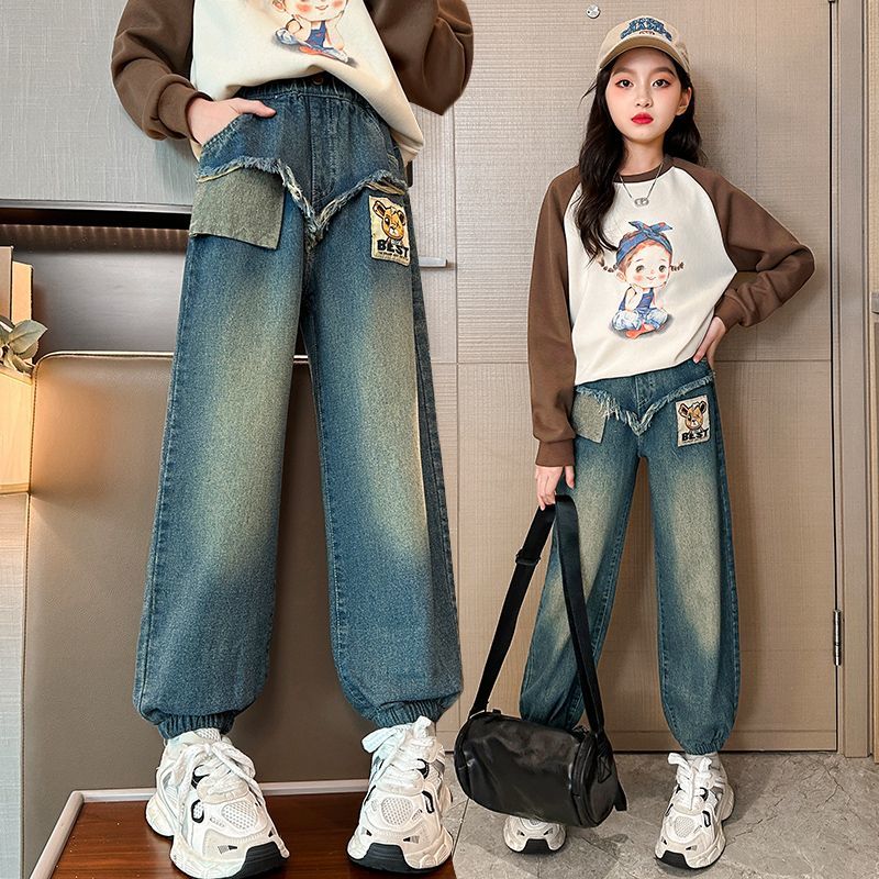 女童牛仔褲春秋款中大童時髦秋裝寬鬆老爹褲洋氣女孩秋季兒童褲子