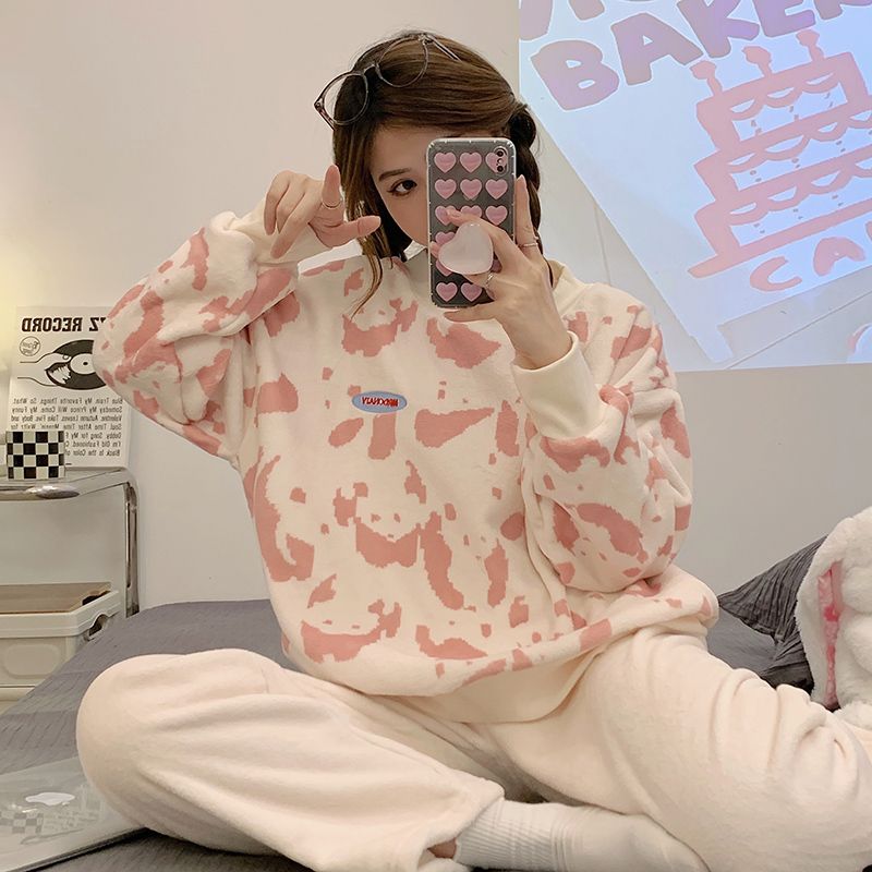 爆款冬季簡約薄絨可外穿新款珊瑚絨睡衣女法蘭絨家居服套裝2023年