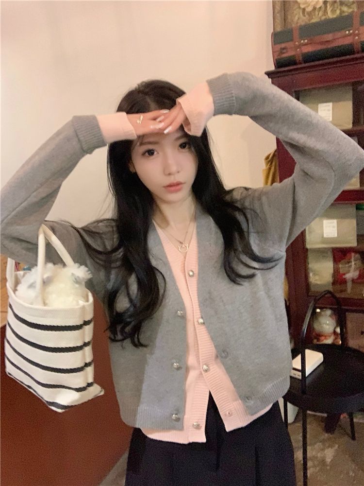 軟糯溫柔風假兩件針織開衫外套女早春新款大碼胖妹妹韓系V領百搭