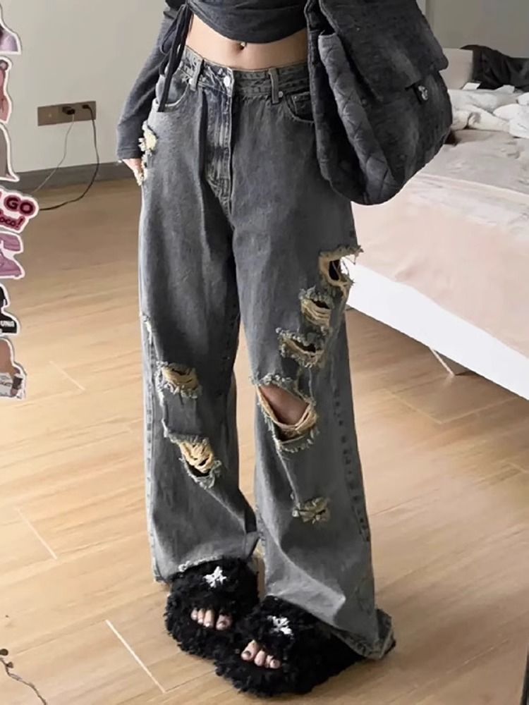 大碼韓版破洞水洗百搭牛仔長褲女夏季胖mm休閒風寬鬆顯瘦闊腿褲子