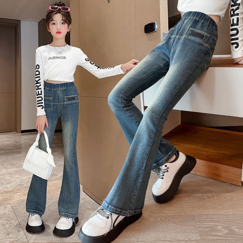 女童喇叭褲春秋款洋氣中大童百搭修身時尚秋季長褲兒童秋裝牛仔褲