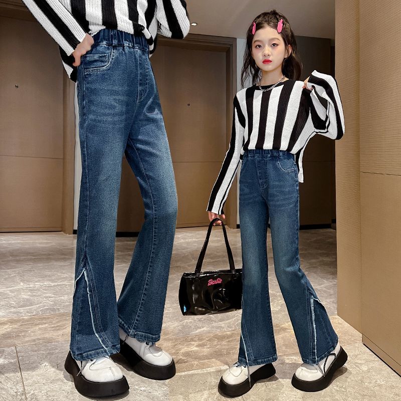 女童牛仔褲春秋2023新款中大童時尚秋裝褲子小學生兒童秋季喇叭褲