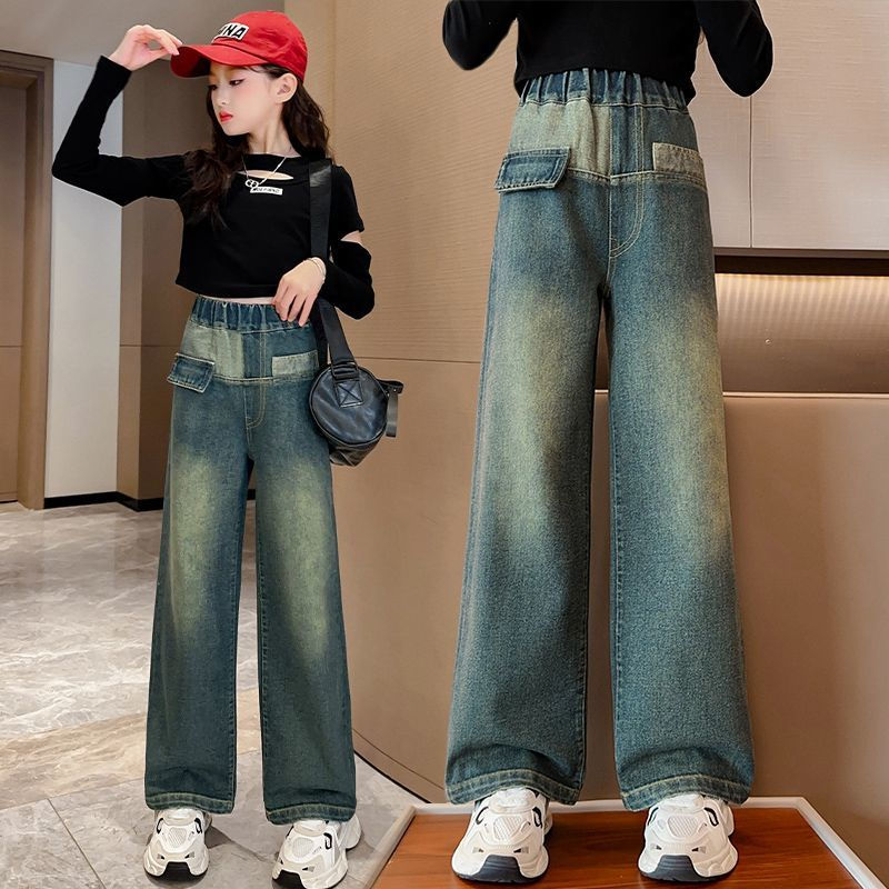 女童褲子春秋裝洋氣時尚兒童中大童外穿寬鬆直筒牛仔褲秋季闊腿褲