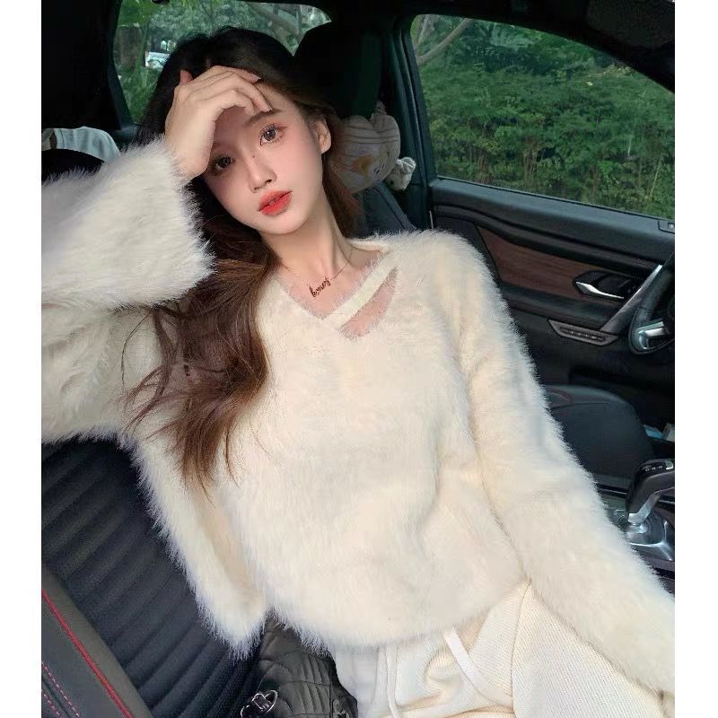 仿水貂絨毛衣女春秋2023新款高級感設計感V領短款長袖針織上衣ins