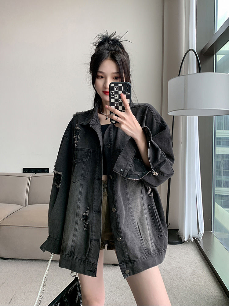 Retro denim jacket for women 2023 spring and autumn new style loose design niche washed hole cardigan top