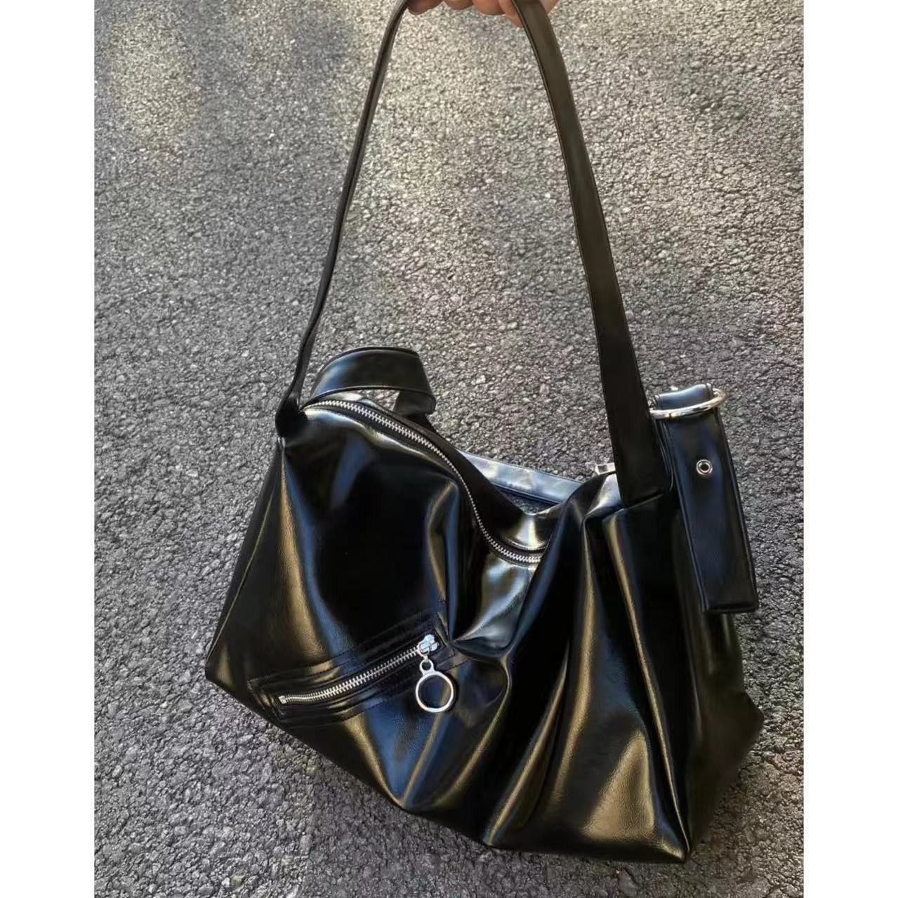 原創y2k辣妹軟皮包高級感托特包斜挎單肩休閒大容量包包女