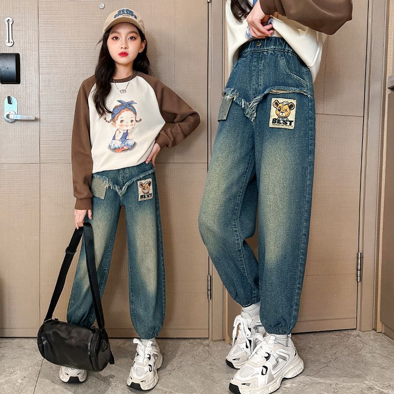 女童褲子春秋2023新款時尚休閒兒童秋裝中大童女孩寬鬆秋款牛仔褲