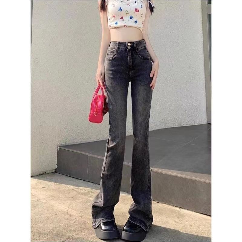 復古黑灰色微喇叭牛仔褲女修身顯瘦彈力拖地加長褲美式馬蹄氣質潮