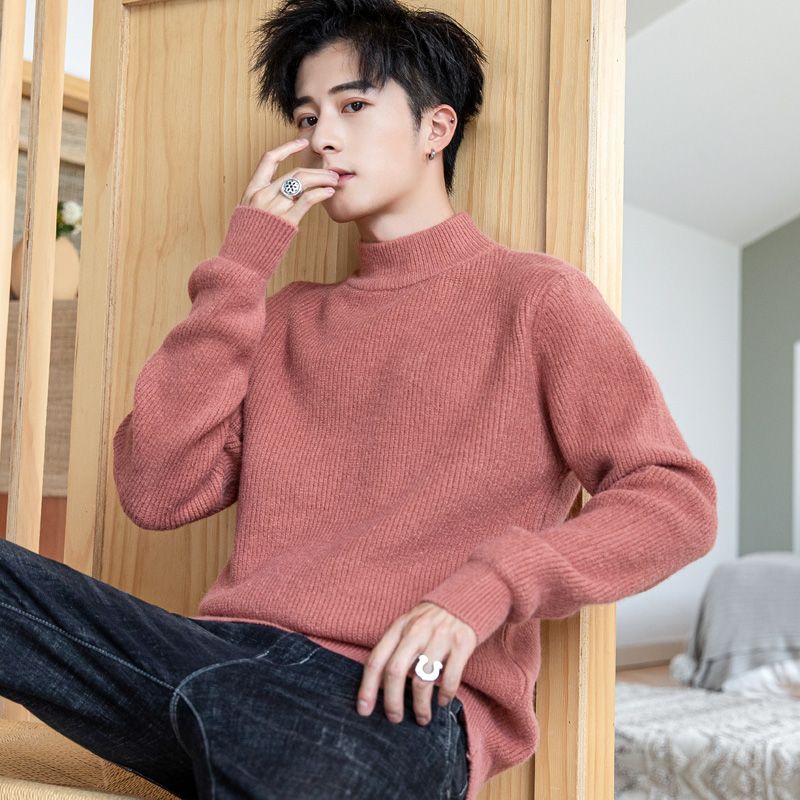 Mid-collar autumn and winter men's sweater new solid color sweater trendy casual bottoming shirt outer wear warm sweater for men