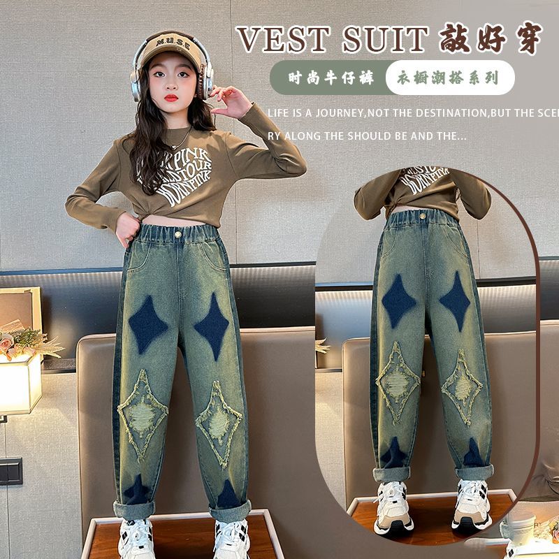女童褲子春秋外穿時尚老爹褲2023新款洋氣寬鬆百搭兒童秋季牛仔褲