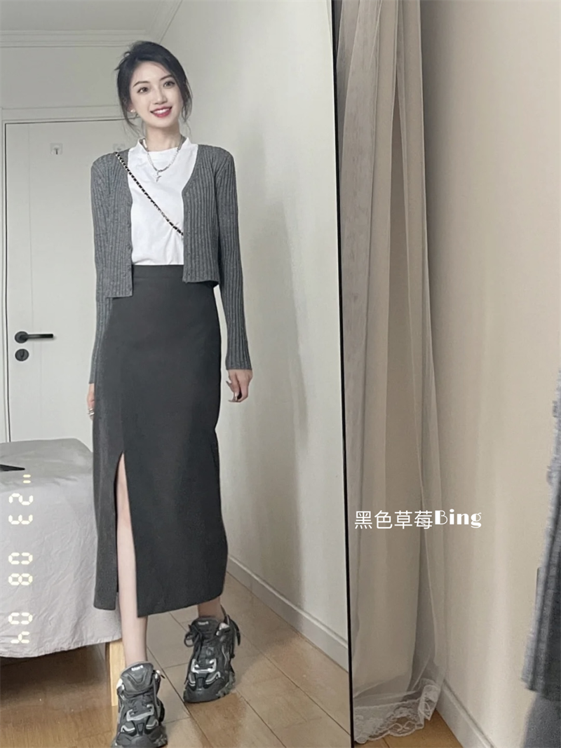 韓系復古簡約BM風修身顯瘦百搭短款針織開衫A字中長半身裙套裝女