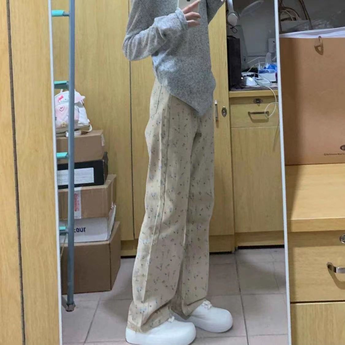 碎花牛仔褲女直筒美式秋冬季氣質顯瘦小眾印花百搭拖地長褲寬鬆潮