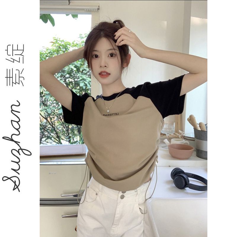 夏季新款圓領字母印花插肩袖設計感短袖美式撞色綁帶收腰短款上衣