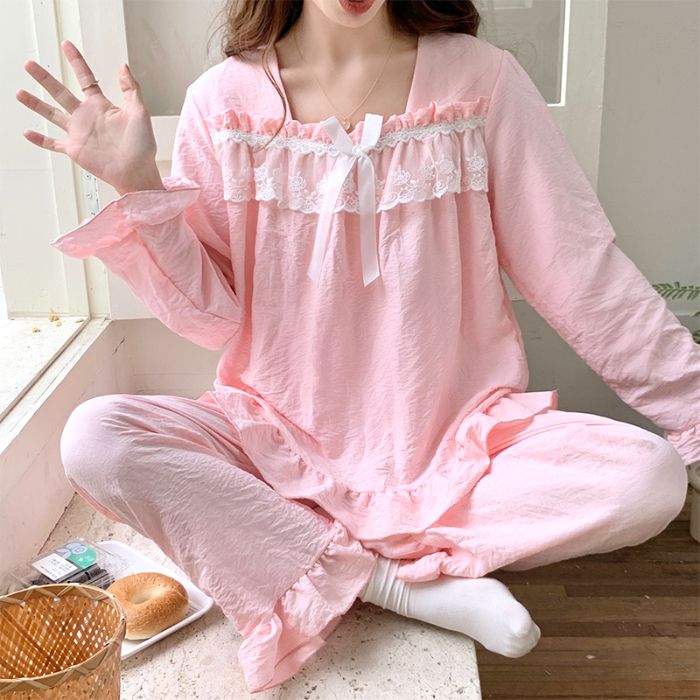 睡衣女春秋季長袖純棉套裝甜美可愛公主風蕾絲花邊家居服2023新款