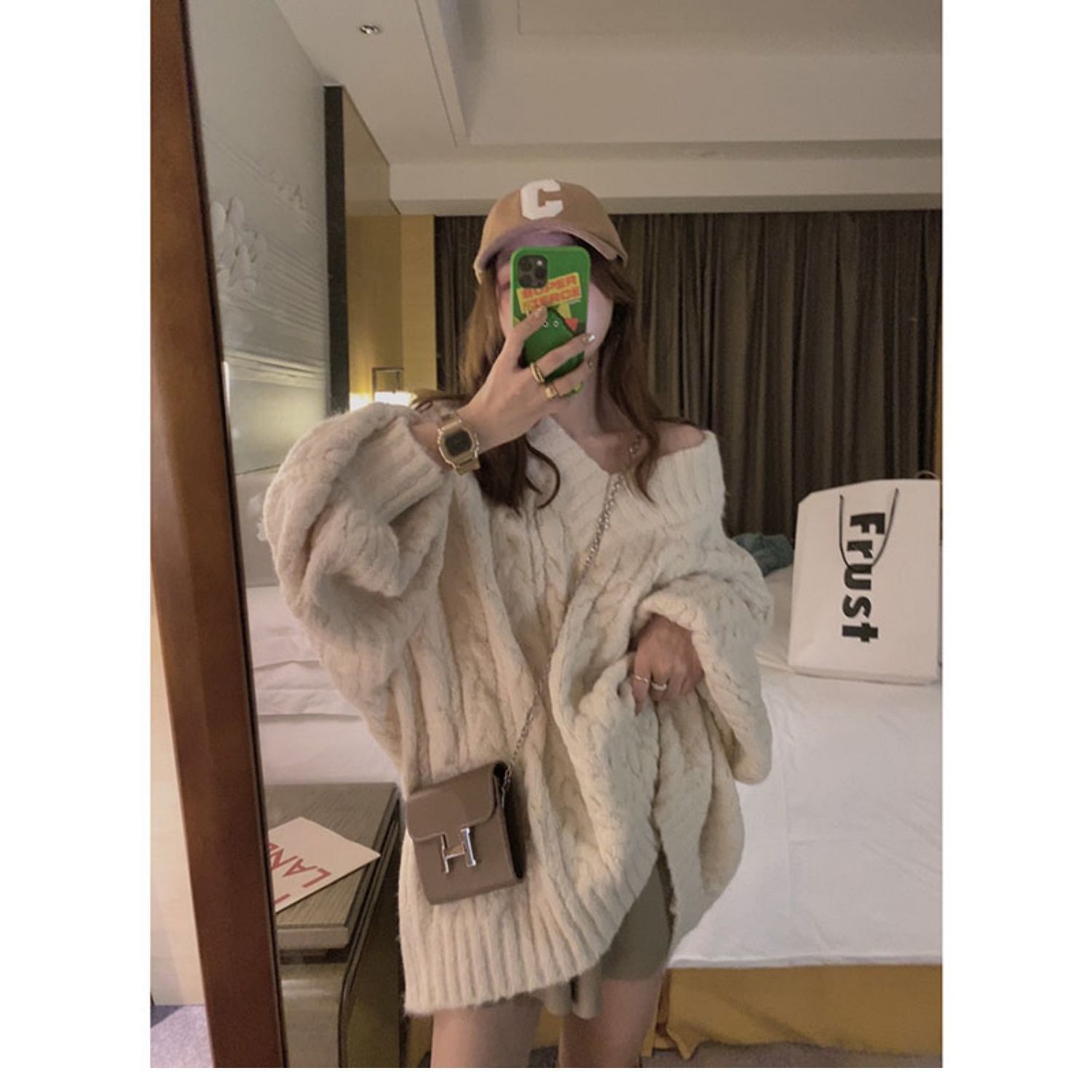 法式V領麻花毛衣女2023年新款加厚寬鬆慵懶風軟糯針織衫秋冬上衣