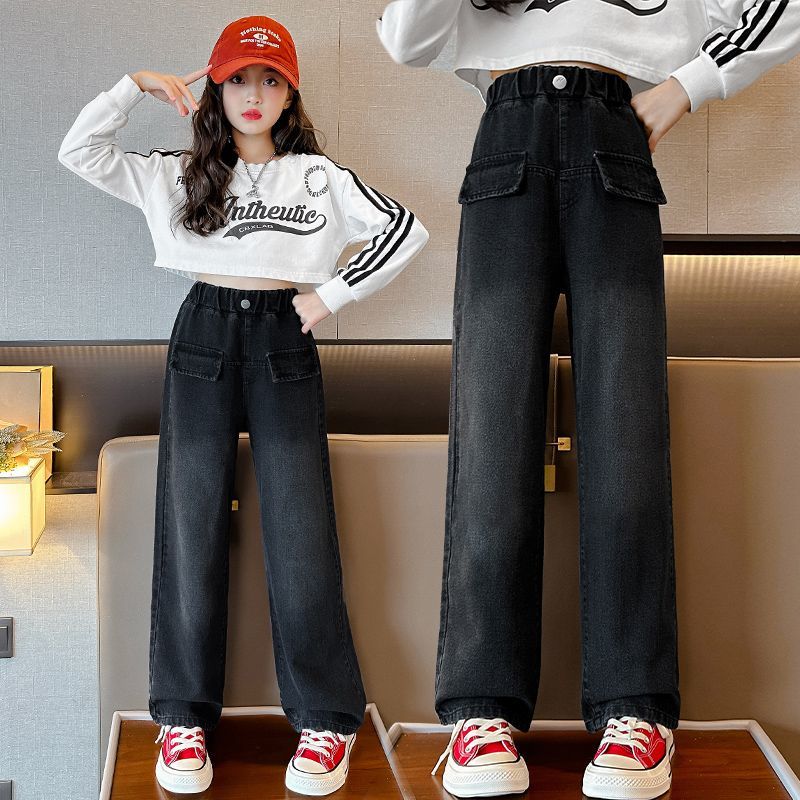 女童牛仔褲春秋洋氣闊腿褲2023新款時尚長褲女孩休閒兒童秋裝褲子