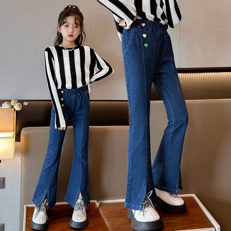 女童褲子春秋女孩休閒網紅炸街秋天修身喇叭褲大童秋裝兒童牛仔褲