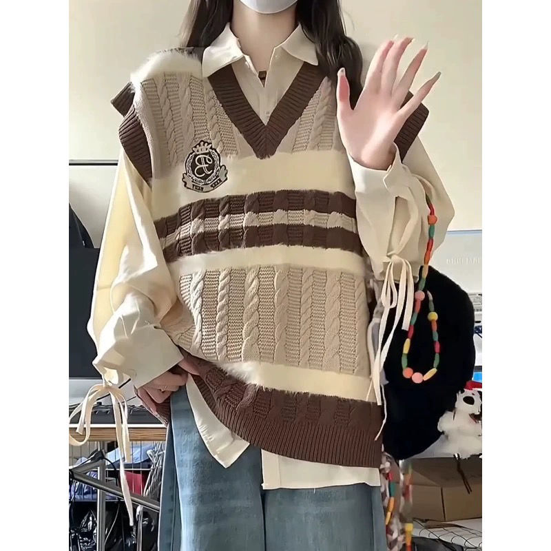韓版hiphop撞色針織毛衣女春秋寬鬆oversize學院風氣質百搭上衣潮