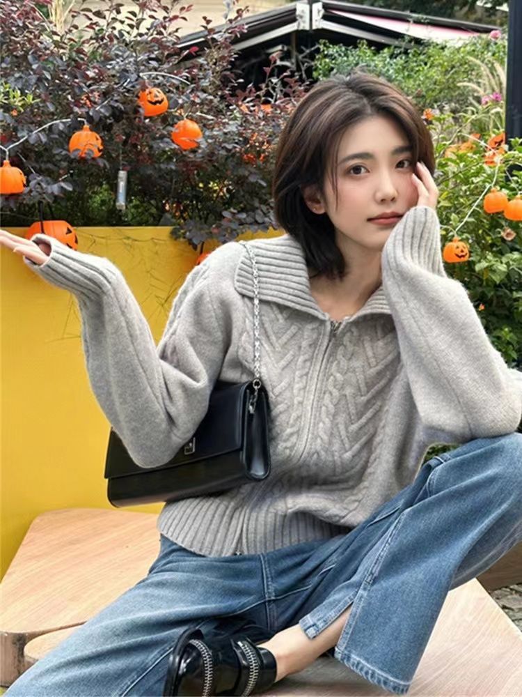 古弄灰色麻花毛衣外套女春季2023年新款設計感小眾慵懶風針織開衫