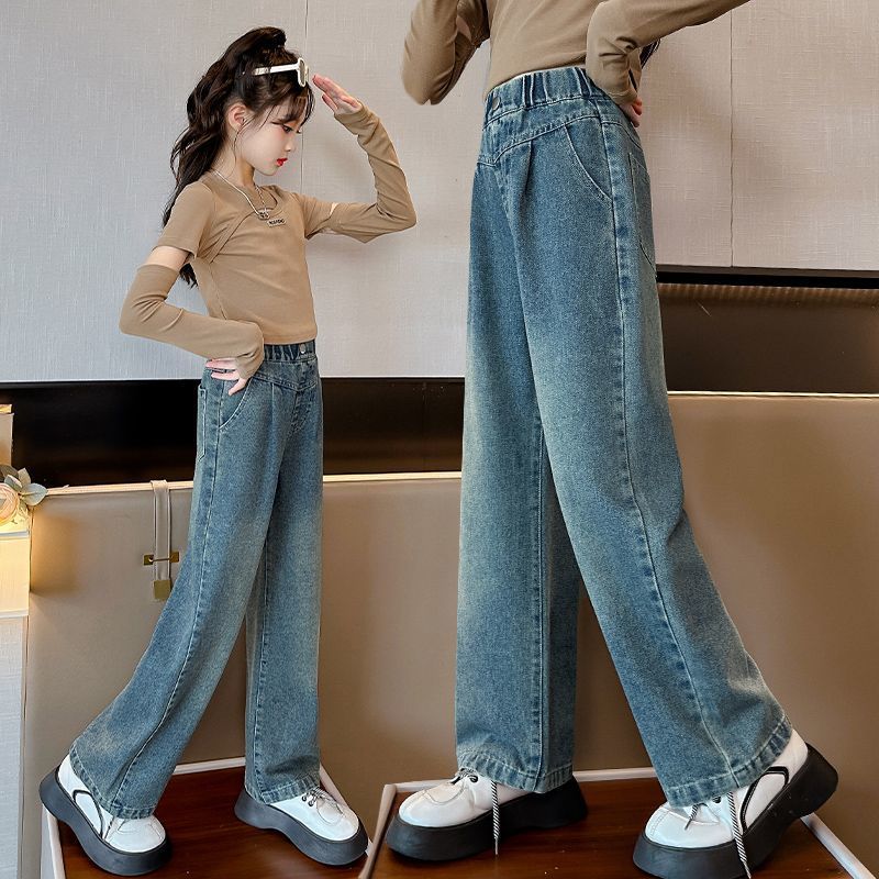 女童牛仔褲春秋款女孩寬鬆直筒中大童秋季闊腿褲外穿秋裝兒童褲子