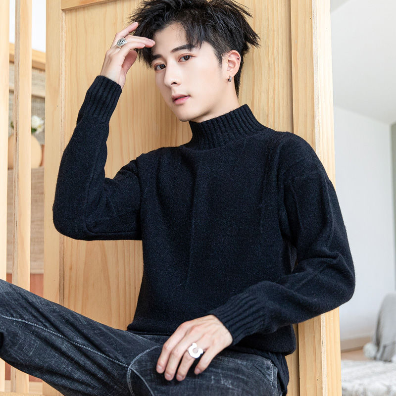 Mid-collar autumn and winter men's sweater new solid color sweater trendy casual bottoming shirt outer wear warm sweater for men