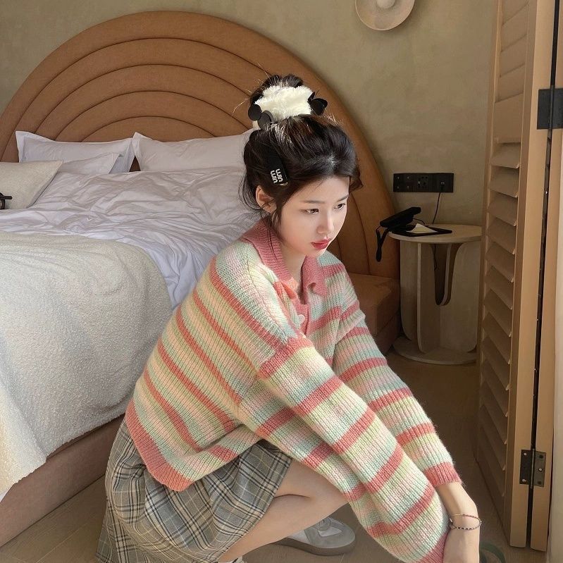 撞色條紋溫柔氣質針織衫上衣女2023軟糯毛衣開衫秋設計感小眾外套