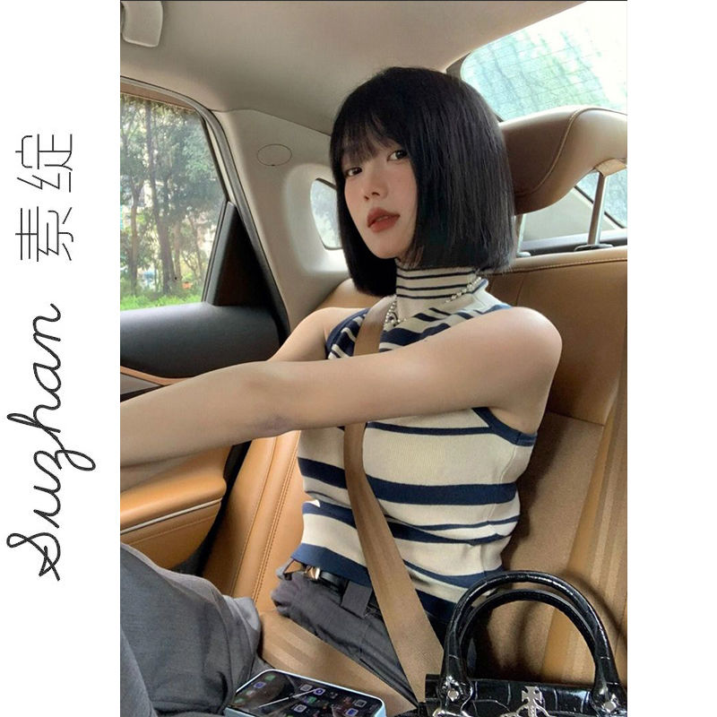 甜辣設計感外穿半高領無袖背心女純欲風條紋撞色百搭內搭修身上衣