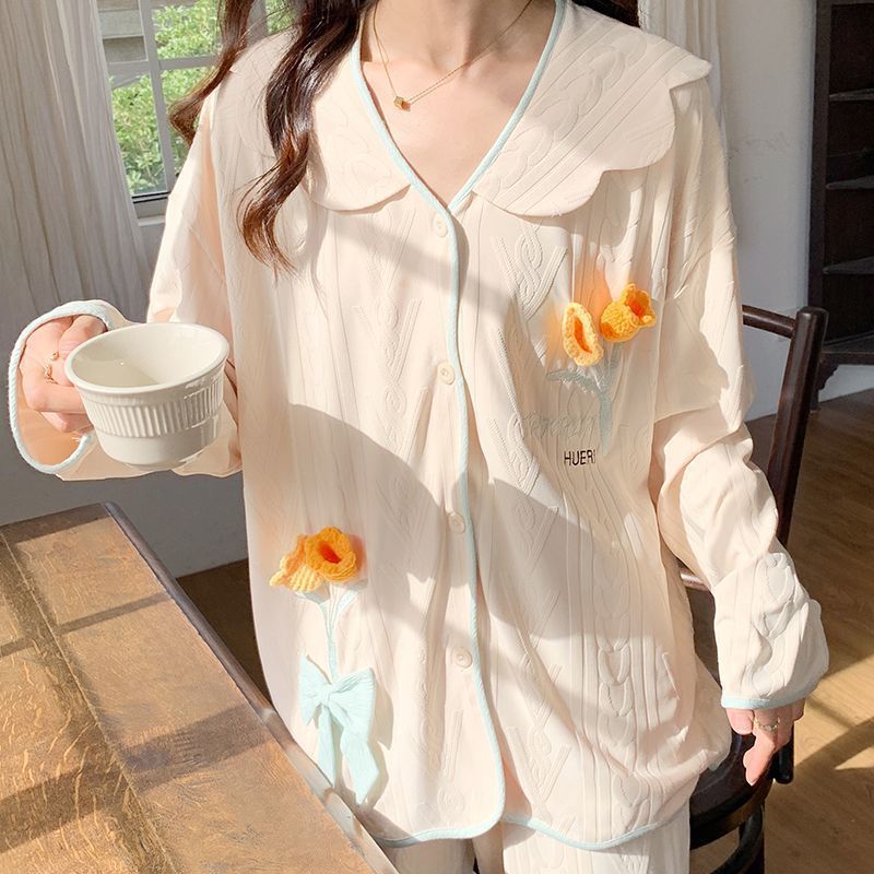 新款純棉睡衣女春秋季長袖開衫麥穗提花套裝冬天月子家居服可外穿