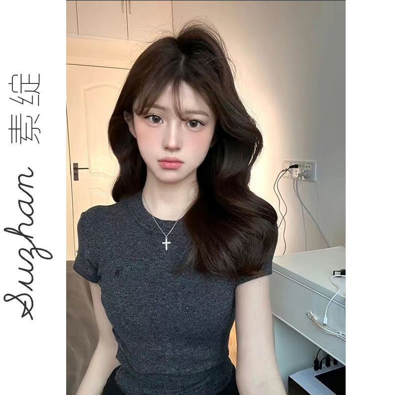 莫代爾新款百搭圓領修身顯瘦正肩t恤衫女夏季高級感短款純色上衣